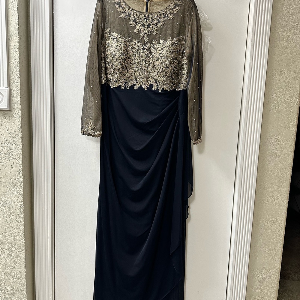 Xscape Navy and Gold Long Sleeve Dress